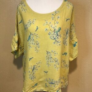 Bellambia Made in Italy 100% Linen Top Bell Sleeves Yellow/Blue, Size Large